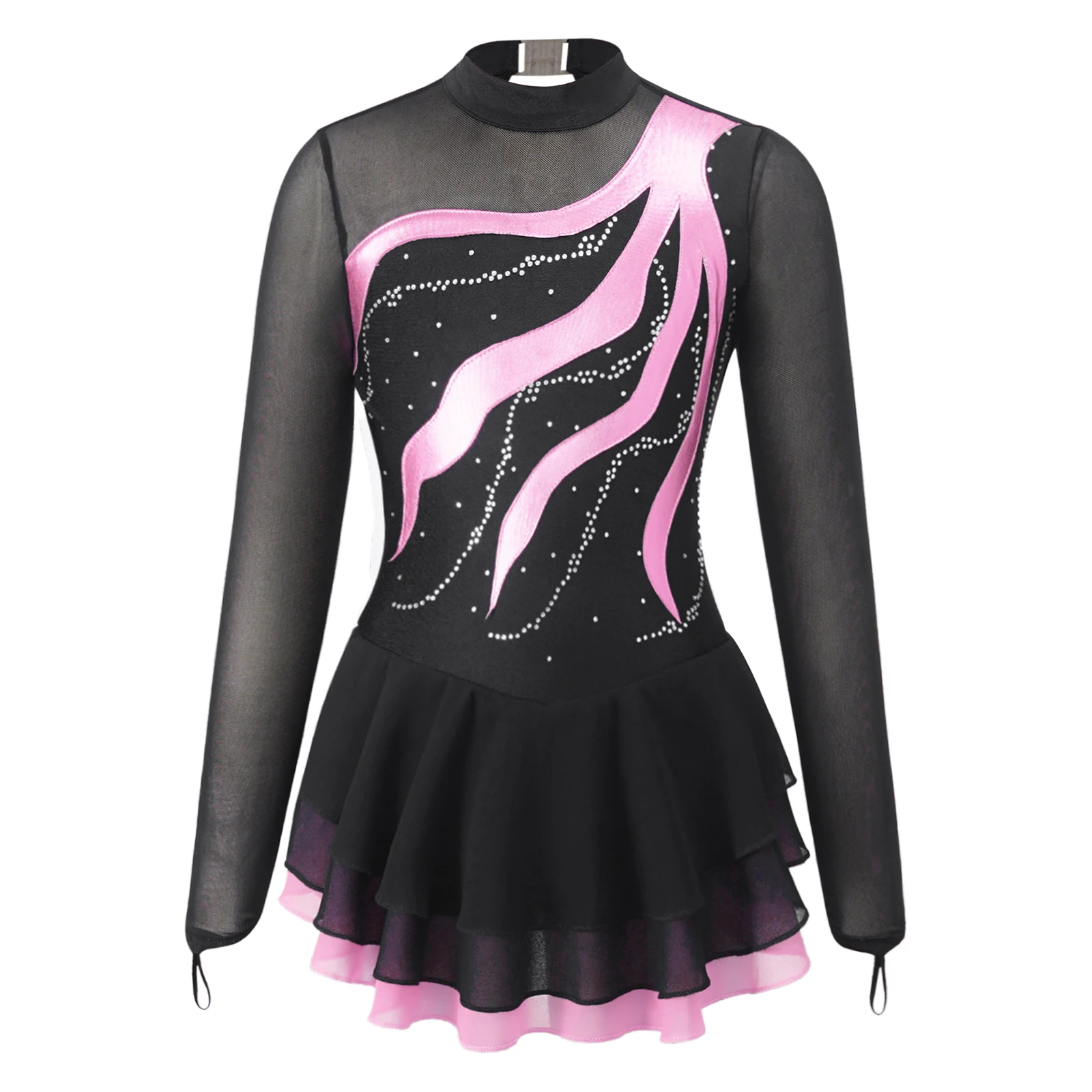 Kids Girls Rhinestone Decorated Figure Skating Dress Dancewear Long Sleeve Hollow Back Dance Dress Ballet Dance Leotards Costume