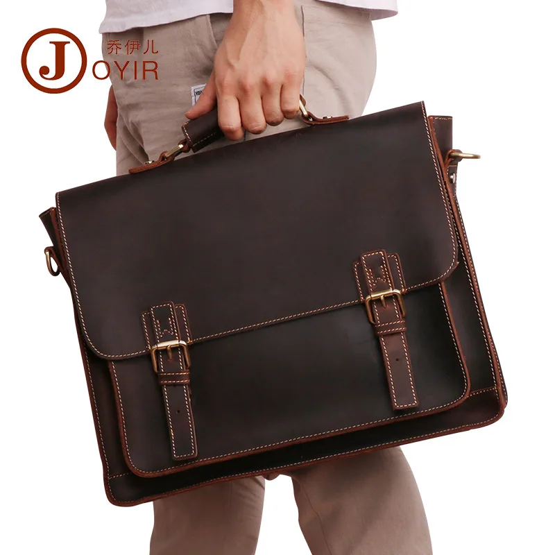 

New Vintag Crazy Horse Leather Men Briefcase Business Retro Cowhide Handbag 15.6-inch Multifunctional Computer Bag Bolso Hombre