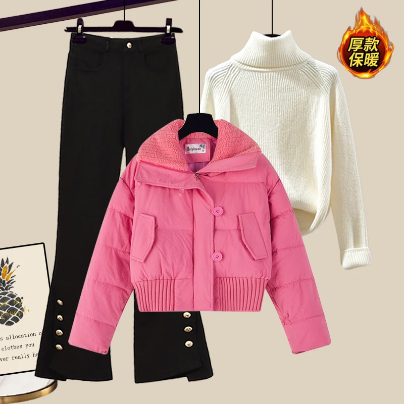 

Women wear lapel Korean version cotton-padded jacket with turtleneck solid color sweater + jeans winter three-piece suit