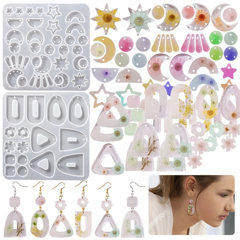 DIY Geometric Star Moon Earrings Pendant Crystal Epoxy Resin Mold Eardrops Dangler Keychain Silicone Mold Jewelry Making Tool