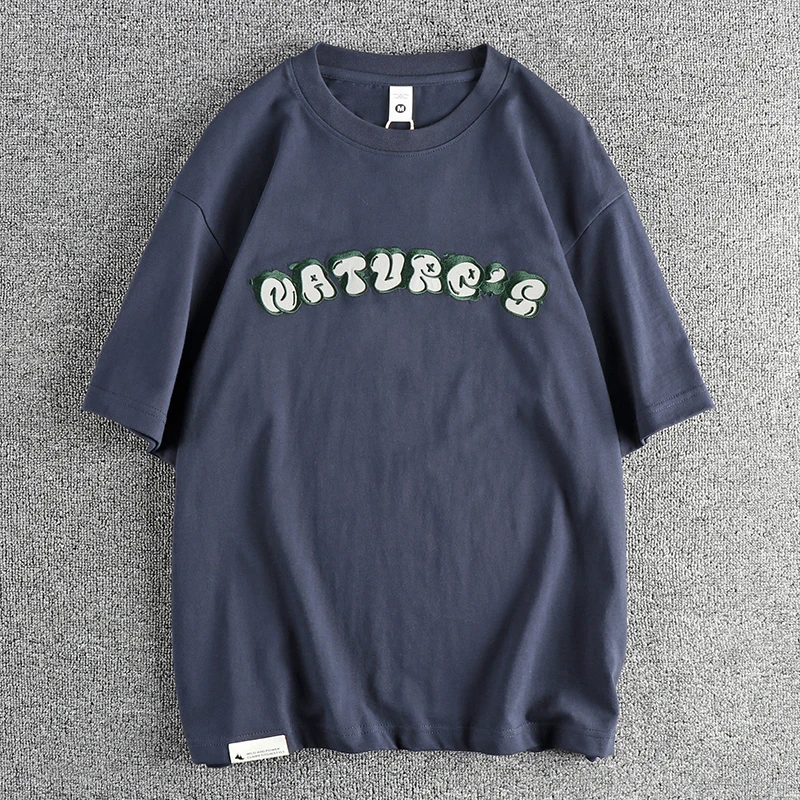 

Футболка мужская из плотного хлопка, свободная повседневная тенниска с короткими рукавами, вышивкой надписью, летняя одежда