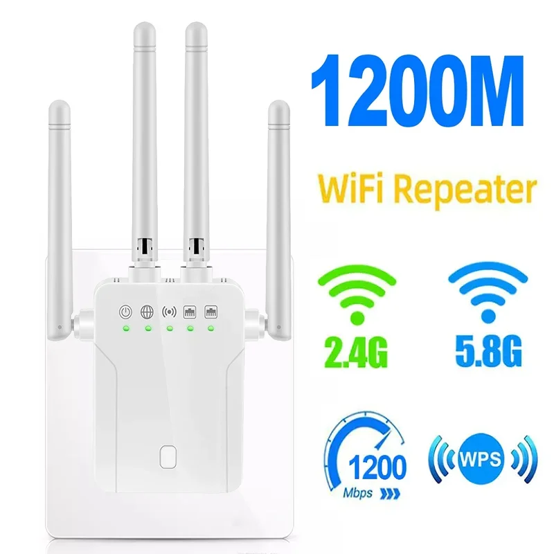 듀얼 밴드 와이파이 신호 증폭기 1200Mbps 무선 익스텐더 2.4G 5G 부스터 휴대폰용 가정 및 사무실 강화용