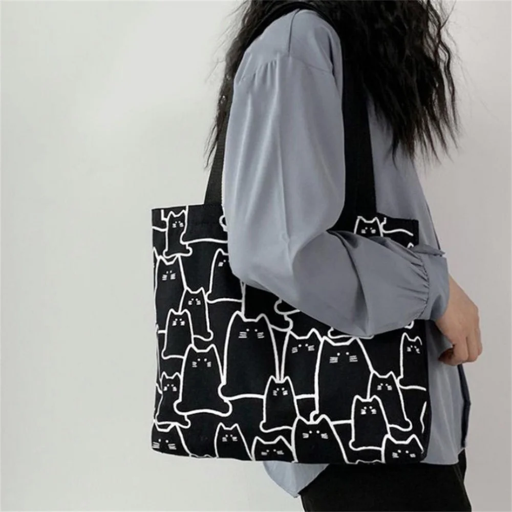 Cute Cat Print Picnic Bag Large Capacity Canvas Simple Shoulder Tote Bags Women Zipper Handbag Camping Accessories