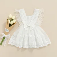 Robe décontractée pour nouveau-né fille de 0 à 24 mois, robe blanche sans manches à col carré et ourlet en dentelle 6
