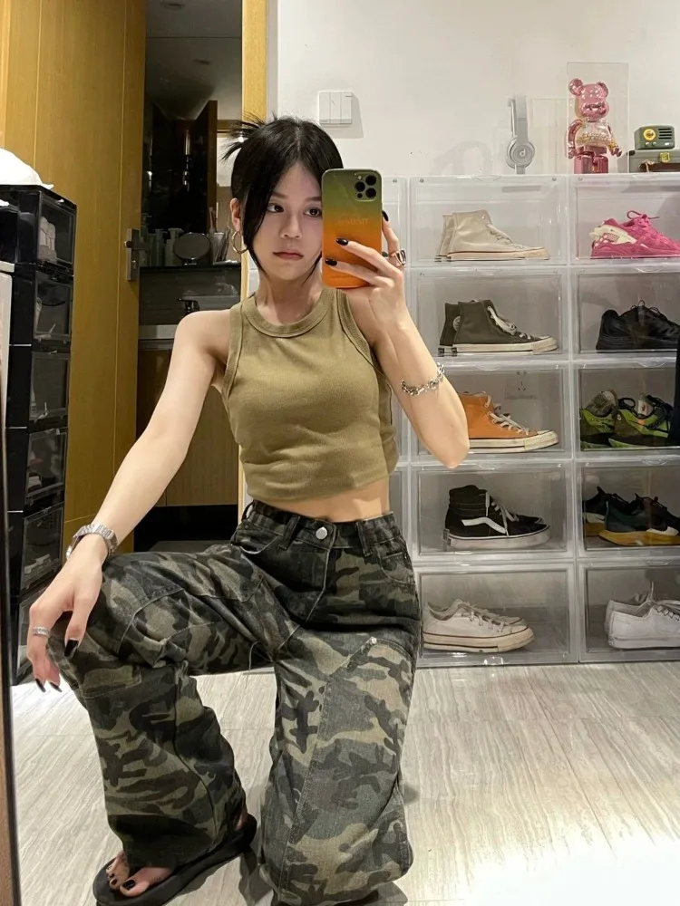 American Vintage Camouflage Cargo Pants Women New Streetwear Loose Straight Wide Leg Trousers Woman