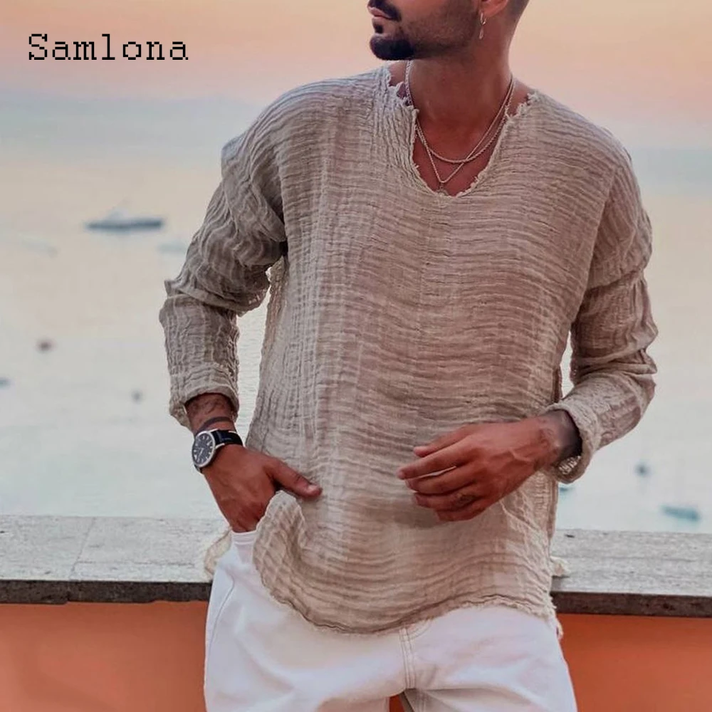 

Sexy U Neck Shirts Blouse Men Long-sleeved Basic Tops Solid Apricot Pullovers Large Big Mens Casual Beach Shirt Clothing 2023