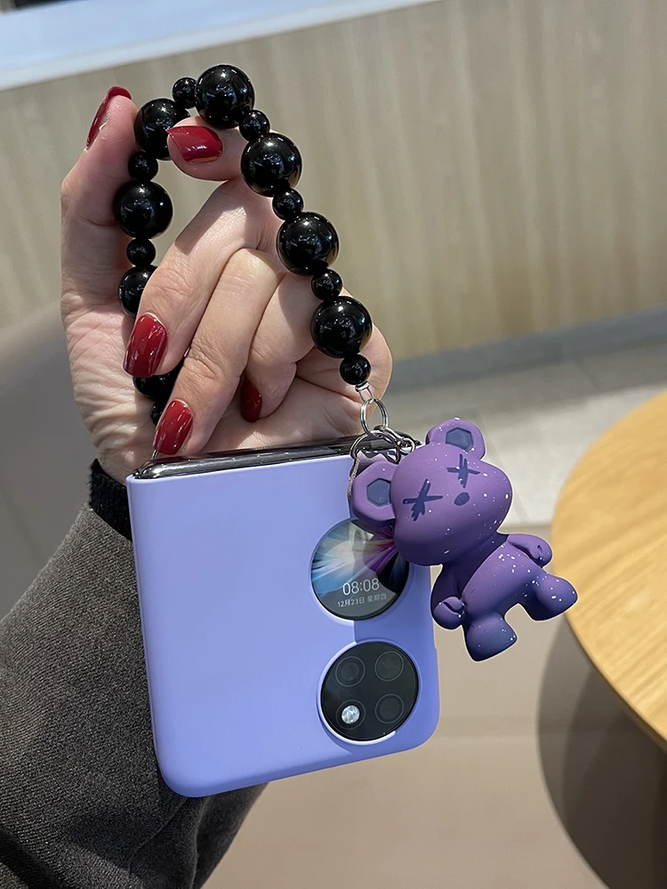 

For Huawei P50 Pocket Case Blue High Leather Purple Bear Cover with Black Ball Lanyard for P50 Pocket Huawei Cases Accessories