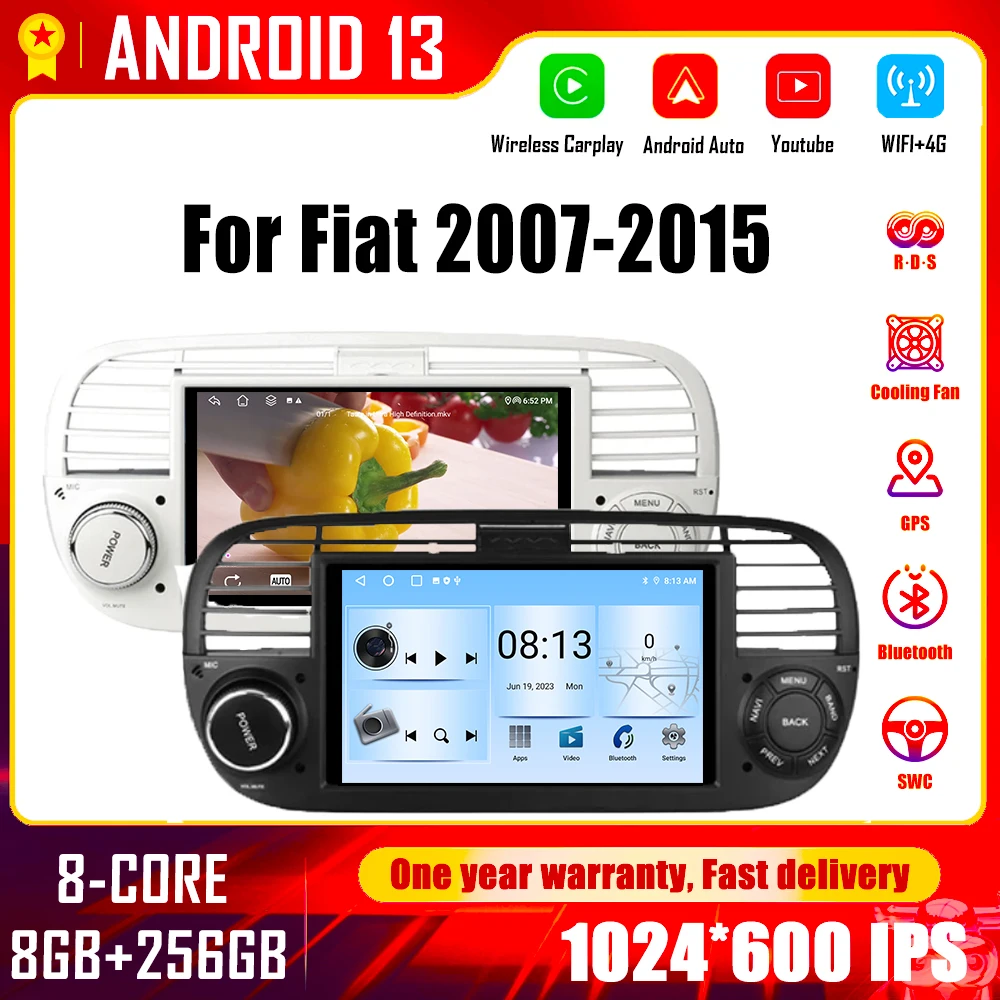 7 "Android 13 Per Fiat 500 2007- 2015 Autoradio Lettore Video Multimediale Wireless Carplay Navigazione Stereo Autoscreem Wifi 4G