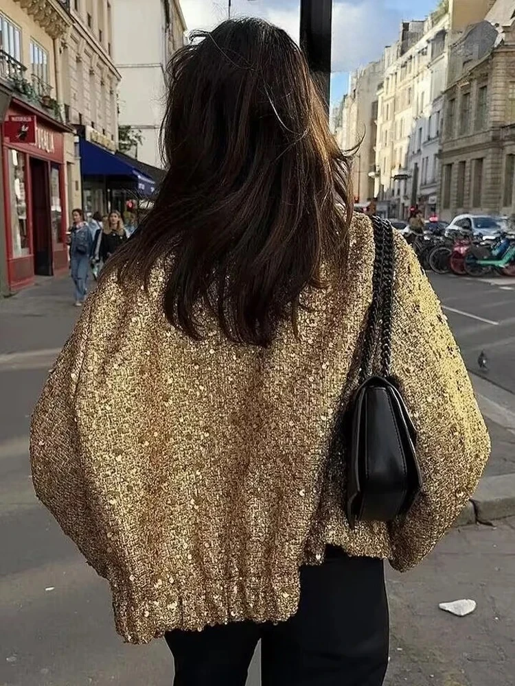 Suninheart Women's Sequined Bomber Jacket Fall O Neck Long Sleeve Pocket Stretch Hem Sequins Jacket Coat Female Chic Outerwear 5