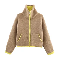 2025 Winter New Product Women's Lazy Style Loose Contrasting Color Decorative Layer Knitted Pilot Jacket Coat - Image 2