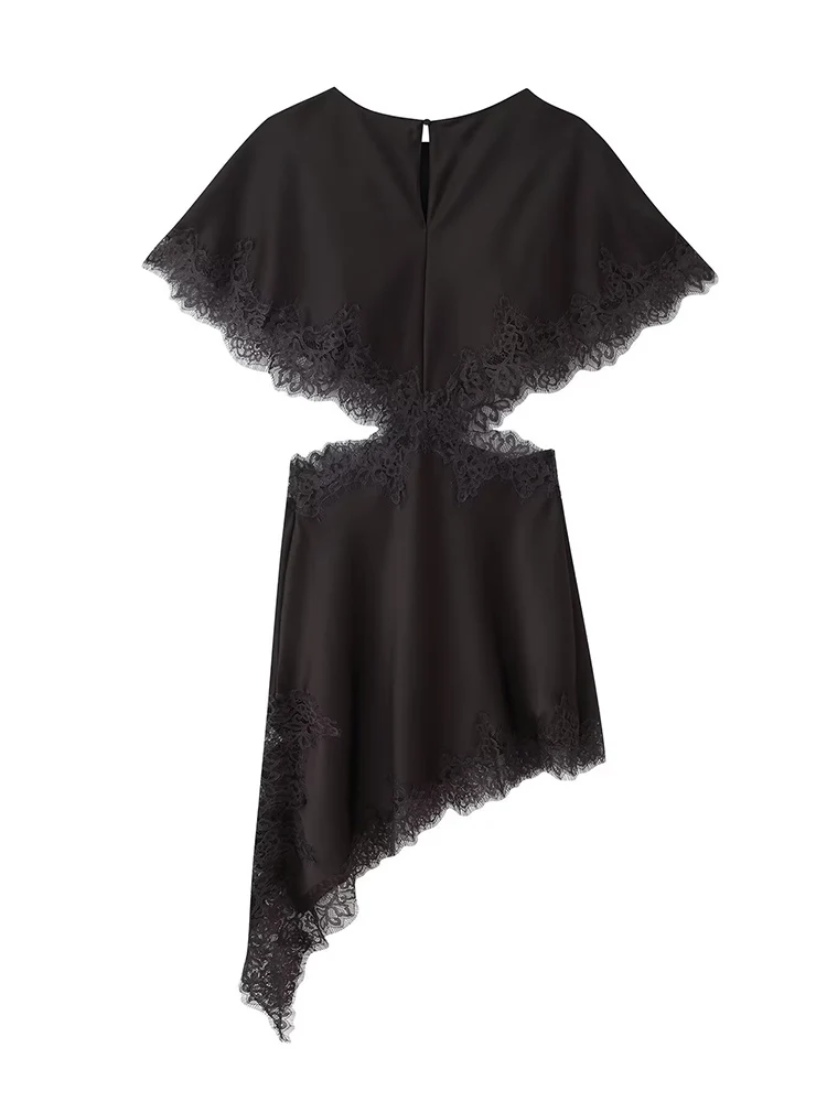 Women Sexy Cut Out Irregular Dresses Lace Spliced Short Sleeve Asymmetric Midi Dresses Solid Female Satin Elegant Party Dress