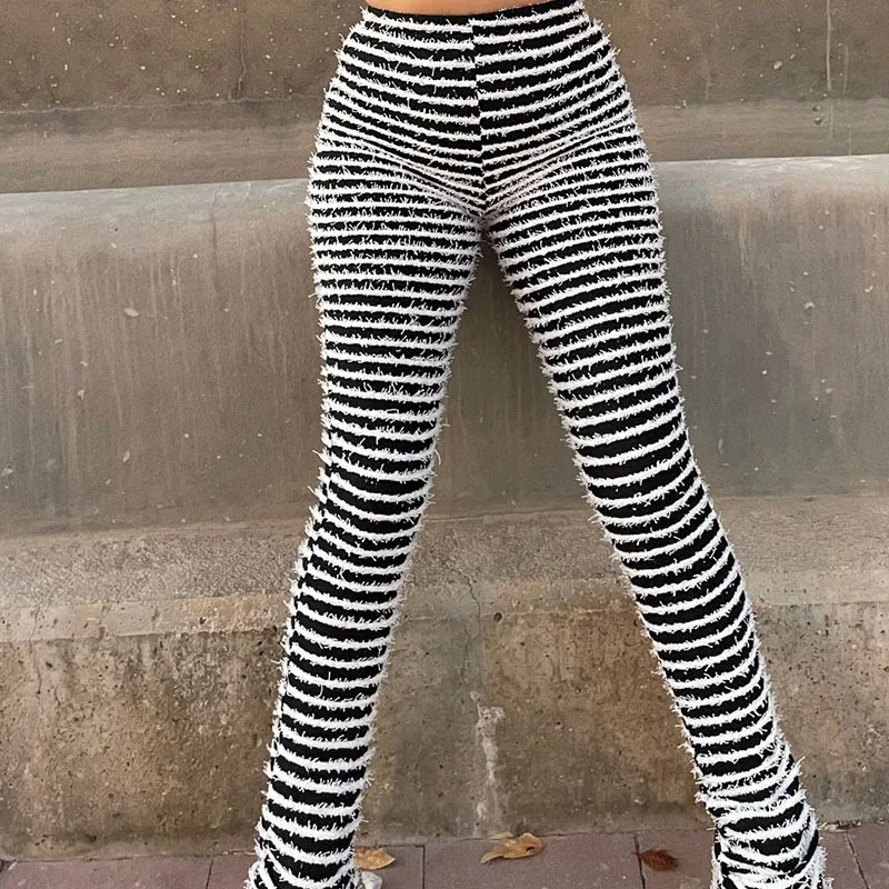 

Black and White Striped Knitted Stacked Pants Women Bottoms 2023 Streetwear Extra Long High Waist Flare Pants