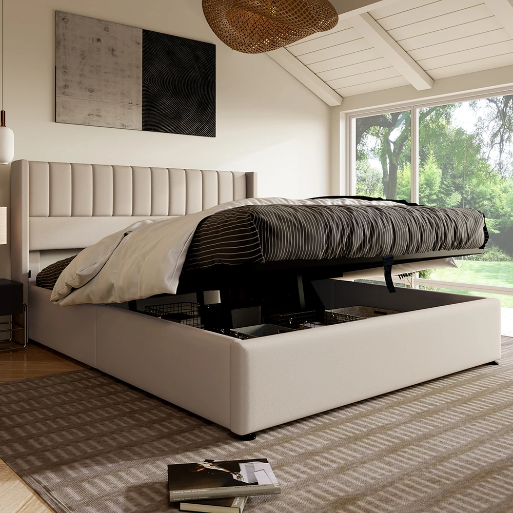 KOMHTOM Hydraulisches Doppelbett 180x200cm mit Polster, Lattenrost aus Holz, Metallrahmen, Leinen, Beige – Detail 2