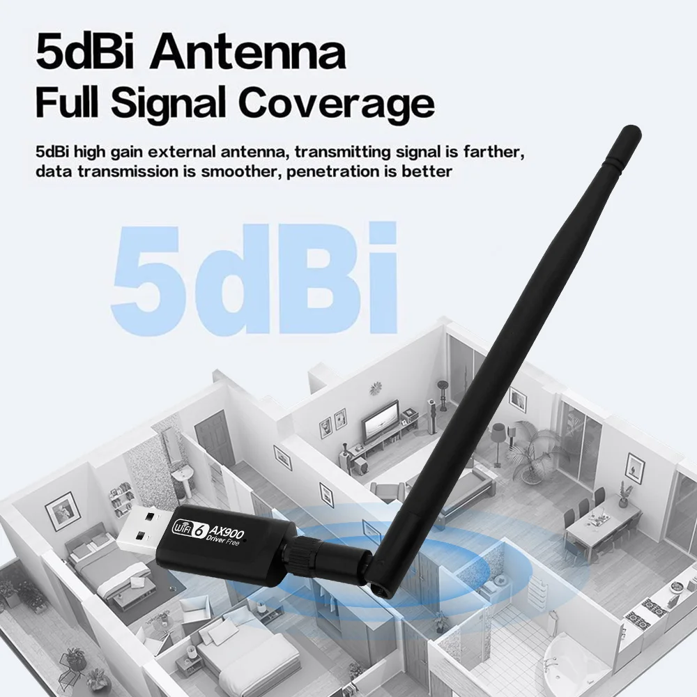 와이파이 6 USB 어댑터, 900Mbps 듀얼 밴드 2.4G 5G 무선 네트워크, 와이파이 USB 리시버, 5dbi 안테나 프리 드라이버, PC 노트북용, AX900