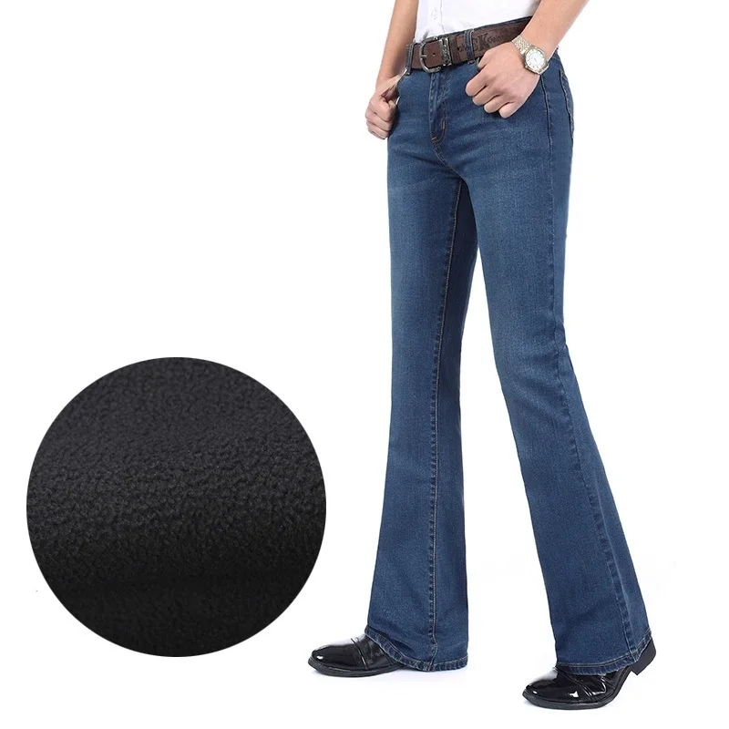 2023 New High Quality Men Winter Warm Fleece Boot Cut Jeans Business Casual Flare Pants Mid Waist Velvet Trousers 3