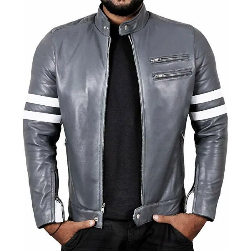 New Pattern Men's Genuine Lambskin 100% Leather Jacket Motorcycle Striped Jacket