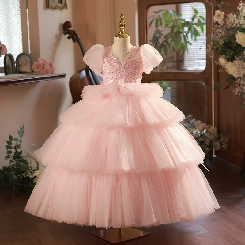 

Real Pictures Pink Young Girl Prom Birthday Party Dress V Neck Pearls Short Sleeve Tiered Skirt Flower Girl Wedding Party Gown