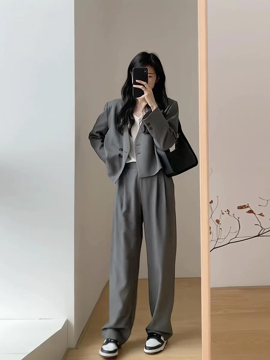 

Blazer Set Women 2023 Autumn New Long Sleeved V-neck Double Breasted Suit Jacket+high Waist Wide Leg Pants Grey Y2k Outfits