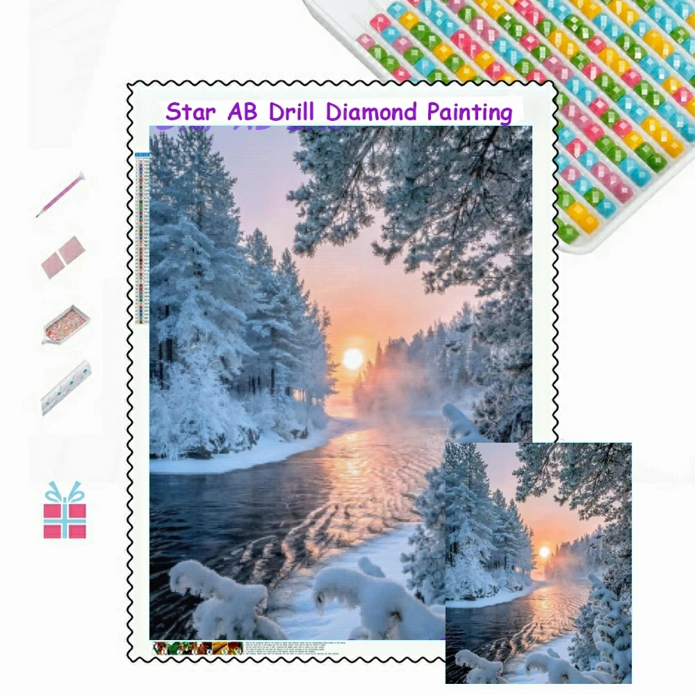 

AB Drills Winter Wonderland 5D Diamond Mosaic Art Painting Kit Diy White Snow Sun Tree River Poster Cross Stitch Home Decor Gift