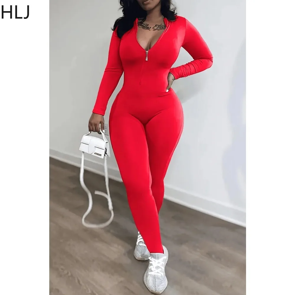 HLJ Fashion Solid Bodycon Elasticity Sporty Jumpsuits Women Zipper V Neck Long Sleeve Slim Playsuits Female Hot Girl Streetwear