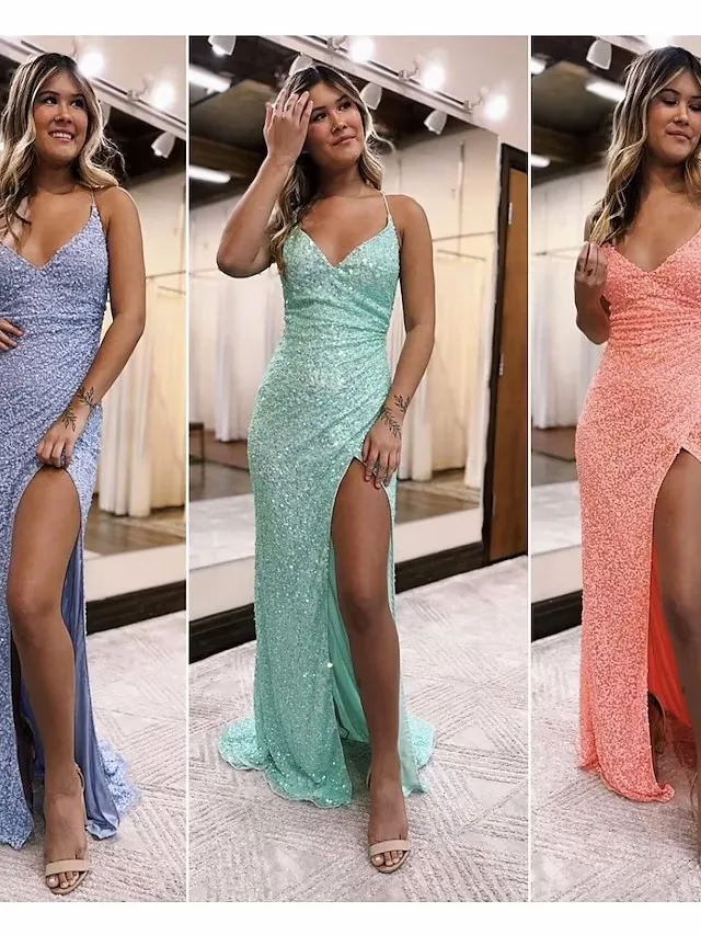 

Sparking&Shining Trumpet Prom Dress Sleeveless Backless Formal Dress Sweep&Brush Train Sequin Evening Dress with Slit