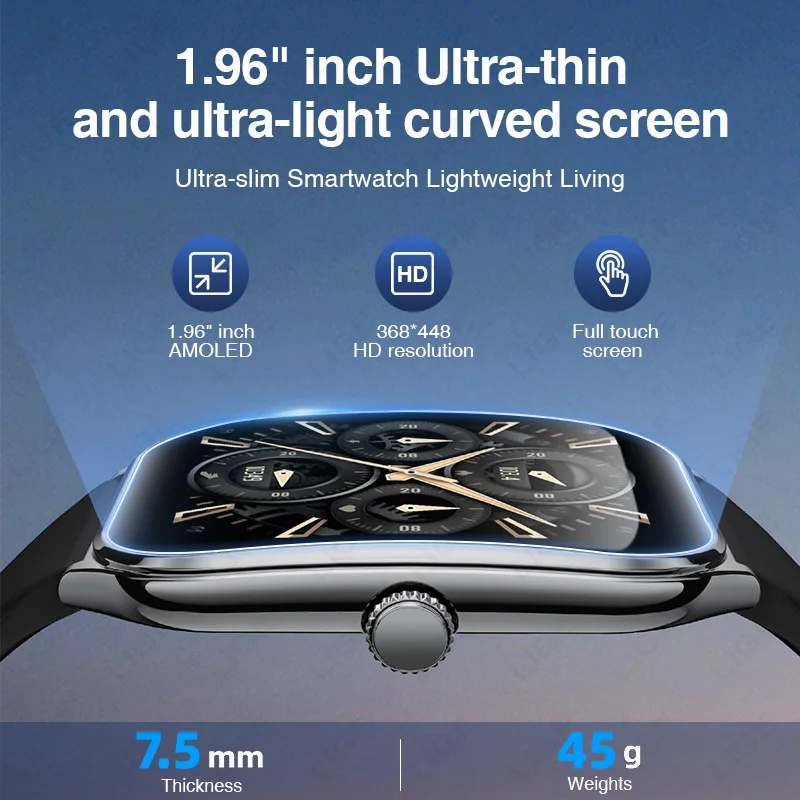 LIGE Ultra-Thin Smartwatch For Android iOS 1.96" AMOLED HD Screen Bluetooth Call Blood Pressure Men Women Smartwatch Ladies Gift