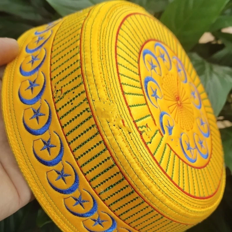 Muslim Caps For Child Prayer Hat Embroidery Kufi Kippa Islam Hijab Saudi Arabia Jewish Moon Star Luxry High Quality Red Yellow