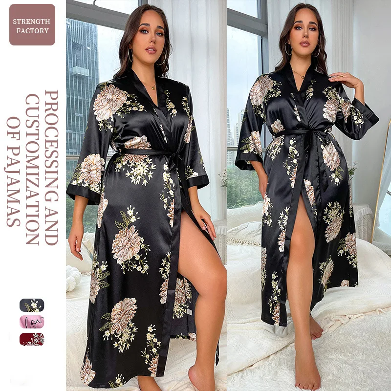 Large Size Robe Women Satin Print Flower Kimono Bath Gown V-Neck Sleepwear Gray Bathrobe Nightgown Summer Loungewear With Belt Women Sleepwear