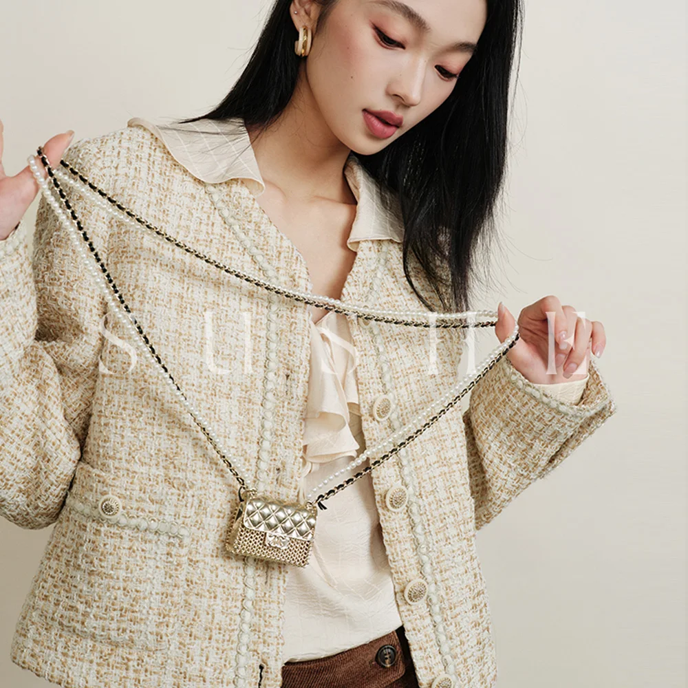 번들 페어/Sushe 한정 수입 소액 양모 V-neck 샴페인 골드 로브 트위드 클래식 스타일 짧은 코트 여성 가을