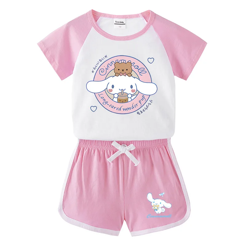 

Kawaii Sanrio Cinnamoroll Children Sports Two-Piece Sets Summer New Suit Cute Cartoon Anime Babys T-Shirt Shorts Toys for Girls