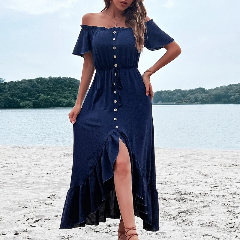 Beach-Dresses-Shoulderless-Off-Shoulder-Short-Sleeve-Button-Up-Ruffles ...