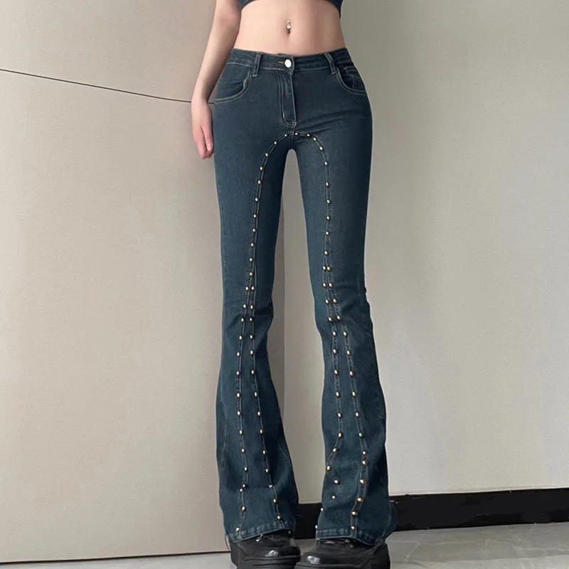 

Women's Jeanswomen's 2023 Summer New Vintage Deep Blue Heavy Industry Rivet Low Rise Jeans Spicy Girl Versatile Micro Rage Pants