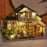 DIY Wooden Miniature Model Kit Bamboo Cottage Casa Doll Houses 3D Puzzle Dollhouse With Furniture Lights for Friends Xmas Gifts 1