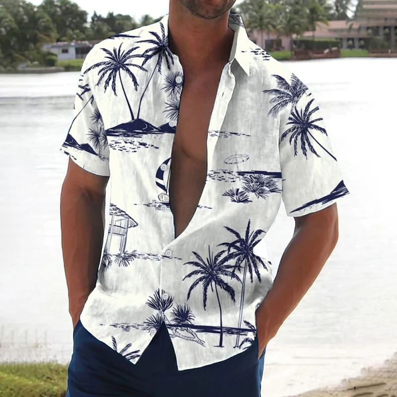 thumbnail image 1 of Camisa retro para hombre 2024, camisas de manga corta con estampado de árbol de coco, ropa informal de playa para hombre, camisas hawaianas holgadas de gran tamaño para hombre, 1 of 4