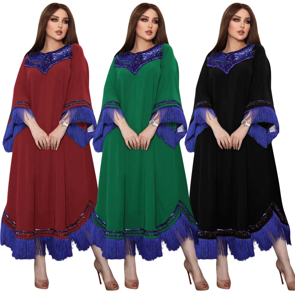 

Muslim Arab Robes Abaya New Arrivals Middle East Woman Dress Fashion Tassels Sequins Patchwork Long Sleeves Kaftan Party