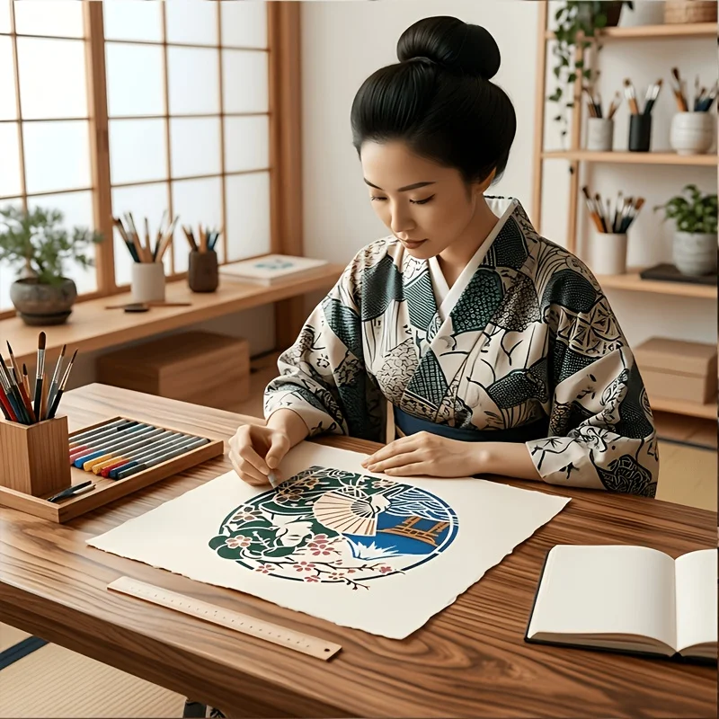 재사용 가능한 일본 게이샤 페인팅 스텐실 4Pcs DIY 홈 월 아트 패브릭 장식을위한 클래식 벚꽃 후지 패턴