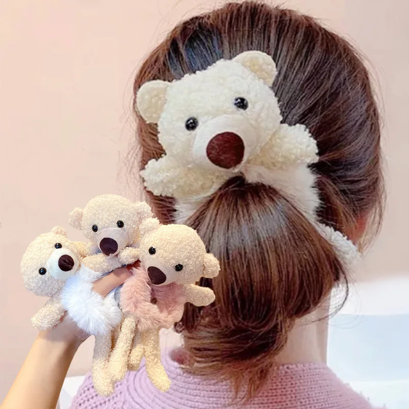 Fashion  Animal Plush Little Bear Hair Ring Female Rope Rubber Band Elastic Hair Band Korean Headwear Children Hair Accessories styles hand painted enameled animal figurines hinged jewelry trinket box collectibles ring holder shell necklace earrings box