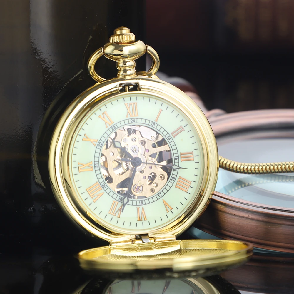 남성용 체인 포함 고급 포켓 시계, 기계식 스켈레톤 로마 숫자 품질 각인 시계, 여성용 포켓 시계
