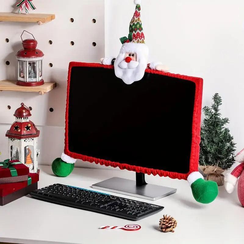 New Christmas Computer Monitor Cover Elastic Christmas Decoration Reindeer Laptop Computer Cover For Christmas Home Office Decor