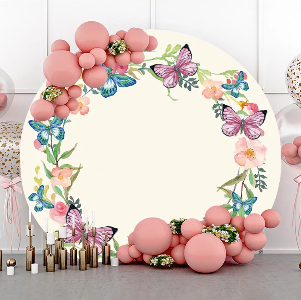 

Colorful Butterfly Floral Wreath Custom Name Text Ivory Round Backdrop Cake Table Banner Home Decor Elastic Circle Background
