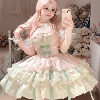 2026 New Pastel Lolita Dress Women Solid Green Ruffled Lace Mini Dress Bow Princess Party Dress Kawaii Cosplay Costume Casual 1