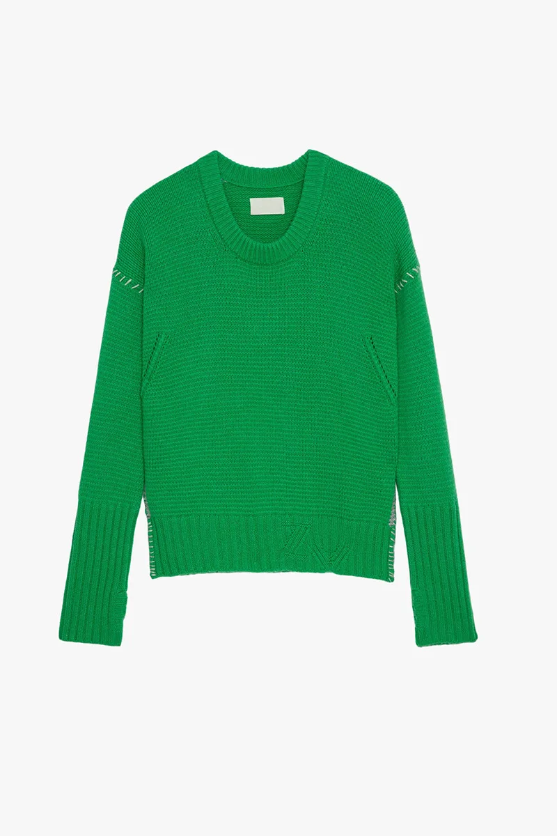 Cashmere Sweater green Women's 100% Hand-woven ribbed striped Scoopneck round O Collar Casual Knit Pullover Long-sleeves Pullovers Sweaters for woman Fall Autumn Winter Spring womens fashion season