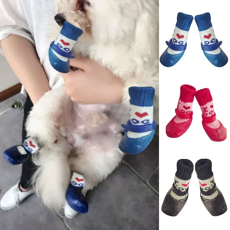 Dog Snow Boots Rain Waterproof Non-slip Footwear Pet Dog Shoes Rubber Cotton Socks Winter Keep Warm Thicken Socks 4Pcs/set