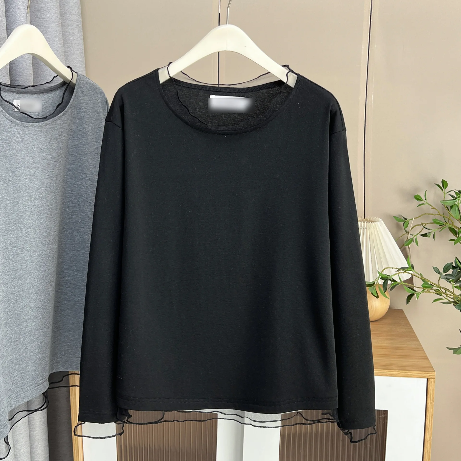 XXXXL Fashion Plus Size Woman Clothing T-Shirt Elegant Mesh Patchwork Collar Long Sleeved Base Casual Tops 1749