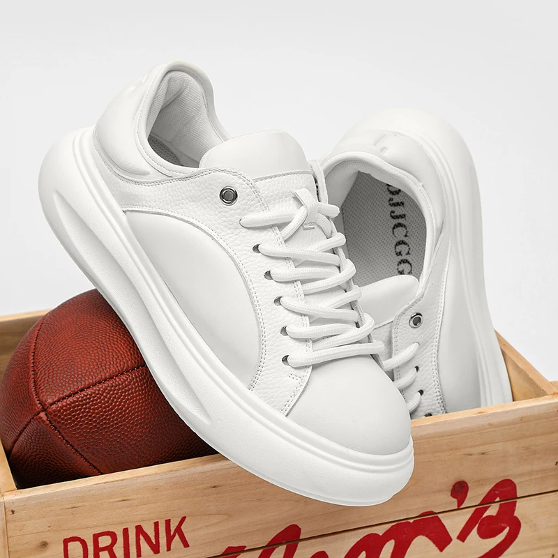 

Men Woman Platform Shoes Fashion Pure White Genuine Leather Cowhide Casual Shoes Unisex Thick Bottom Height Increasing Sneakers
