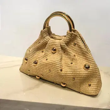 Borsa a mano in paglia con perline Boho Elegante borsa con manico a cerchio Borsa da sera in rattan da donna in tessuto da spiaggia estiva per borsa da sposa