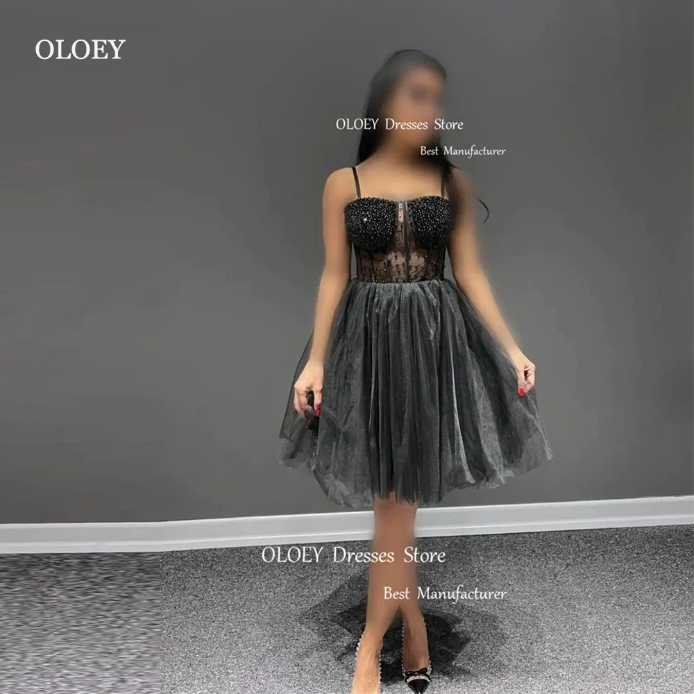 

OLOEY Pink Black Short Prom Party Dresses Mini Pearls Spaghetti Straps Cocktail Dress Formal Night Event Dress Robe de soiree