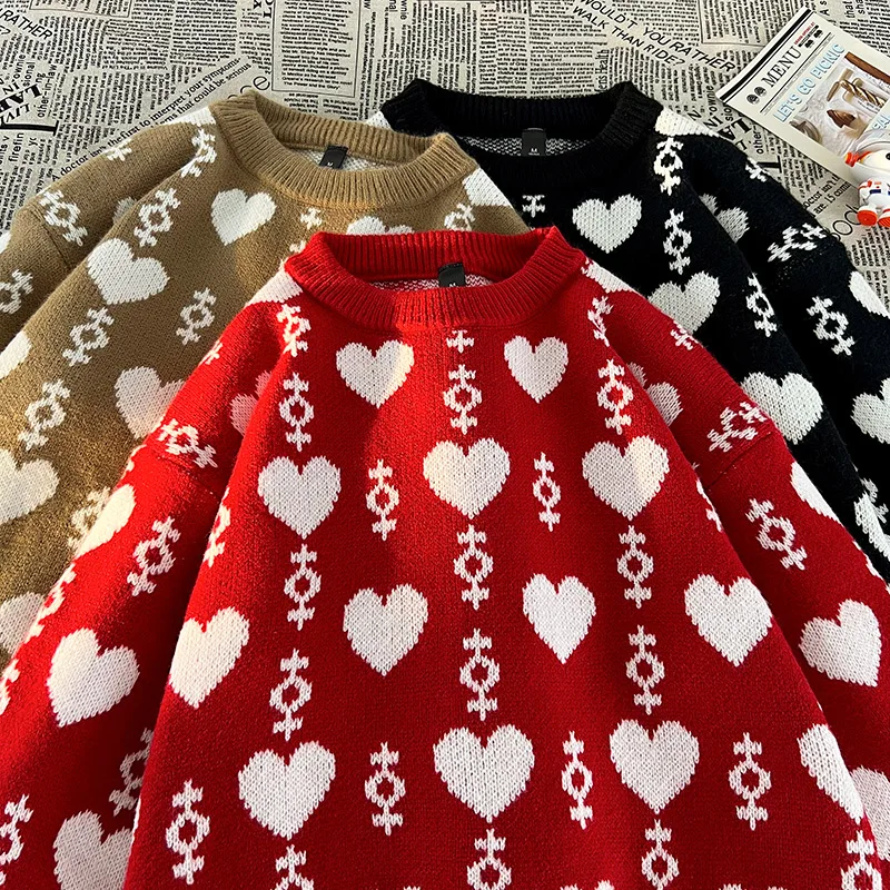 Men's Autumn Love Embroidered Sweater Crewneck Knitted Long-sleeved Versatile Cardigan Casual Men's Warm Sweater