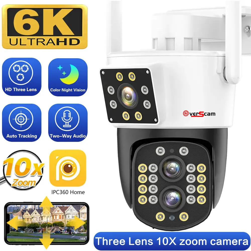 6K HD WiFi Camera 12MP Outdoor 10X Zoom PTZ Camera 4K 8MP Three Lens Dual Screen Security Cam Auto Tracking Surveillance 360°Cam