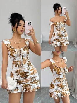 Boho Style Women's Multicolor Mini Cami Dress With Shirred Details And Plants Pattern Sleeveless Flounce Hem